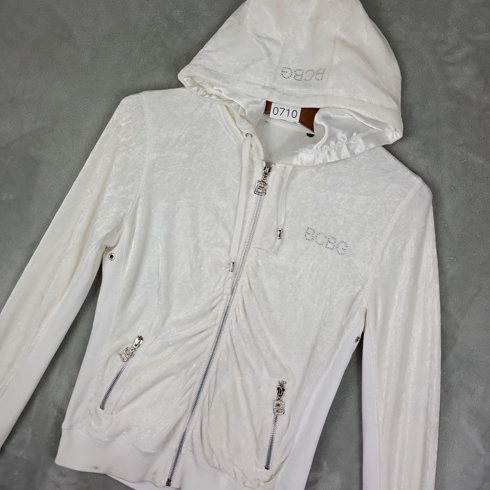 BCBG Velour Hoodie Womens White Rhinestone Logo Satin Lined Y2K 90s Vintage Glam